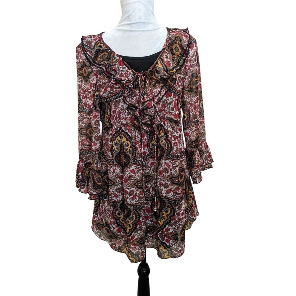 Boho Cottagecore Earthy Paisley Blouse Ruffles  Moroccan Design Lined Size L